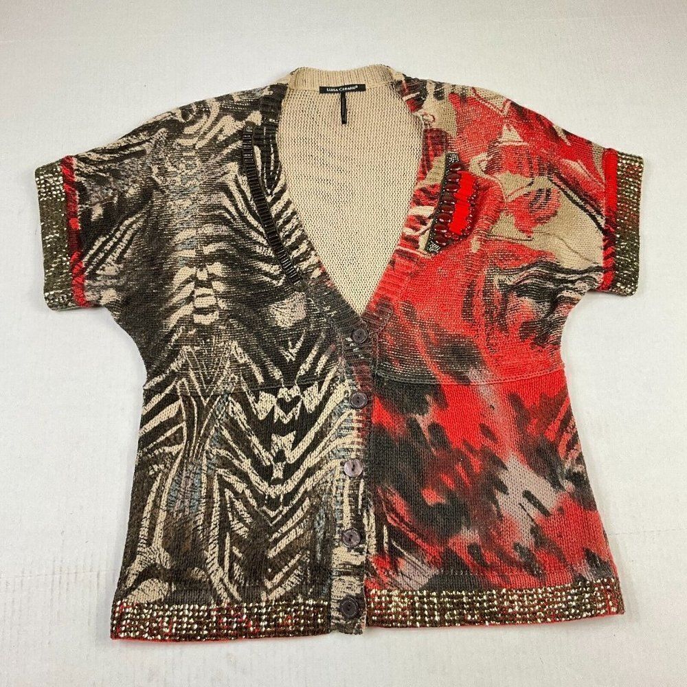 Luisa Cerano Womens Cardigan Abstract Print Sequin Beaded Button Sweater Size 8